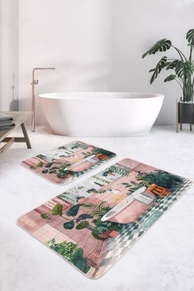 Tropik Yapraklar Ve Küvet İllüstrasyon Desenli Pudra Zeminli 2’li Banyo Paspas Takımı