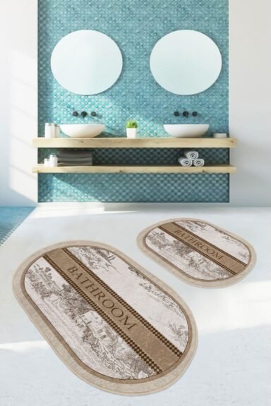 Bej Kahverengi Vintage Manzara Ve Bathroom Yazı Desenli 2’li Banyo Paspas Takımı