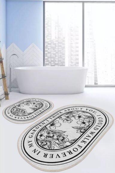 Siyah Çizgili Çiçek Çelenk Ve Yazı Baskılı 2’li Banyo Paspas Takımı