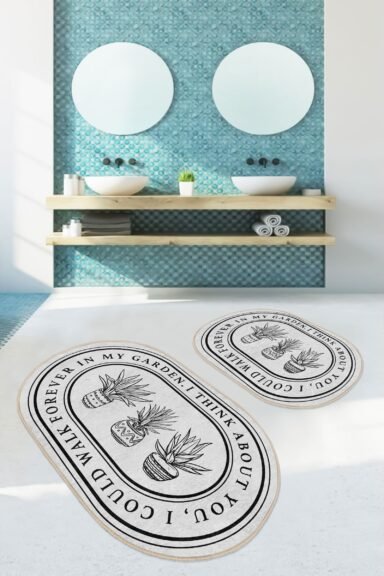 Saksı Bitkili Yazı Çerçeveli Minimal Desenli 2’li Banyo Paspas Takımı