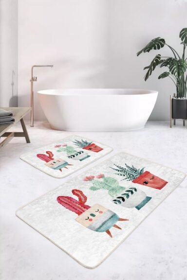 Sevimli Kaktüs Ve Saksı Bitkileri Desenli 2’li Banyo Paspas Takımı