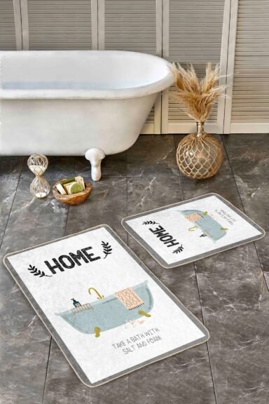 Mavi Ev ve Home Yazı Desenli 2’li Banyo Paspas Takımı