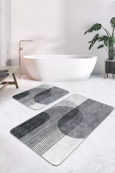 Gri Siyah Yarım Daire Çizgili Geometrik Desenli 2’li Banyo Paspas Takımı