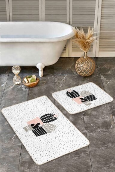 Puantiye Zeminli Saksıda Kaktüs Desenli Pastel 2’li Banyo Paspas Takımı