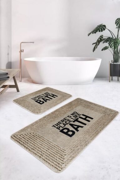 Bej Hasır Dokulu There Is No Place Like Bath Yazılı Desenli 2’li Banyo Paspas Takımı