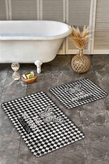 Siyah Beyaz Damalı Kelebek Desenli 2’li Banyo Paspas Takımı