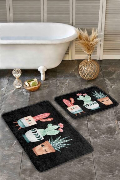 Siyah Zemin Sevimli Kaktüs ve Saksı Yaprak Desenli 2’li Banyo Paspas Takımı