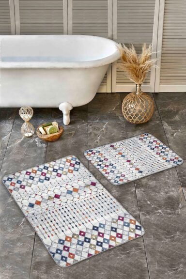 Renkli Baklava Desenli Geometrik 2’li Banyo Paspas Takımı