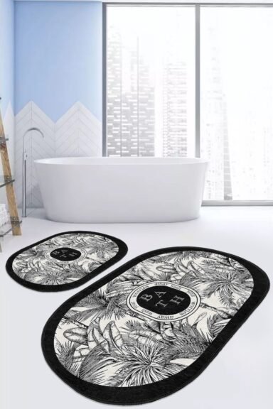 Siyah Beyaz Tropik Yaprak Desenli 2’li Banyo Paspas Takımı
