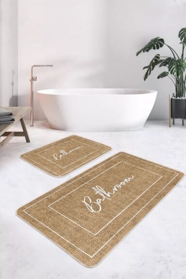 Hasır Dokulu Çerçeve Çizgili All Bathroom Yazı Desenli 2’li Banyo Paspas Takımı