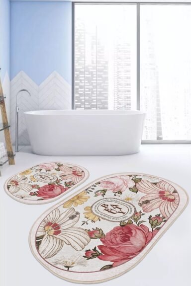 Pembe Gül ve Beyaz Papatya Çiçek Desenli Vintage 2’li Banyo Paspas Takımı
