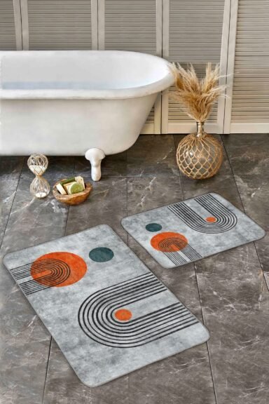 Geometrik Çizgili Ve Daire Desenli Gri Zemin Modern 2’li Banyo Paspas Takımı