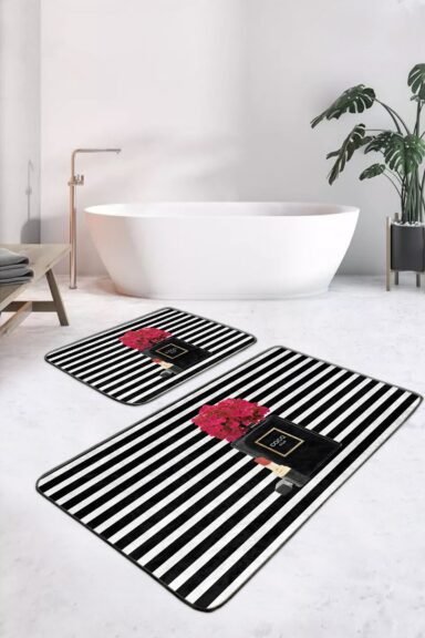 Siyah Beyaz Çizgili Parfüm Şişesi ve Pembe Çiçek Desenli 2’li Banyo Paspas Takımı