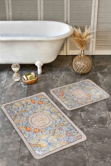 Viktoryen Çiçek Ve Kıvrımlı Dal Desenli 2’li Banyo Paspas Takımı
