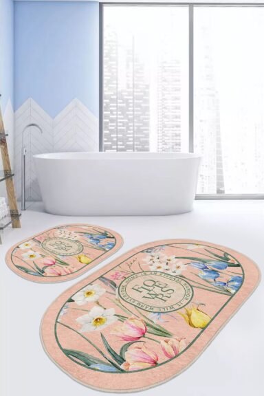 Pudra Zemin Üzerinde Çiçek Buketi ve Home Yazılı Desenli 2’li Banyo Paspas Takımı