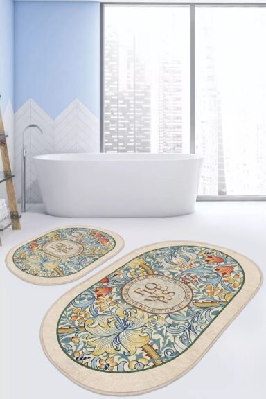 Çiçekli Ve Kıvrımlı Art Nouveau Desenli Vintage 2’li Banyo Paspas Takımı