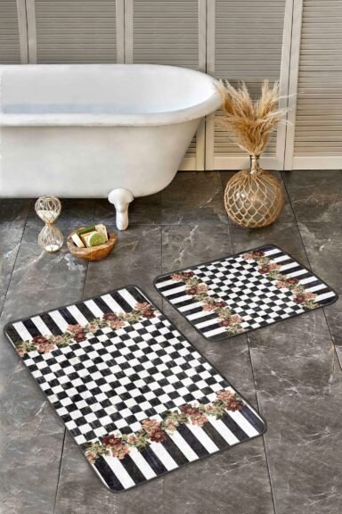 Siyah Beyaz Kareli Çizgili Çiçek Desenli 2’li Banyo Paspas Takımı