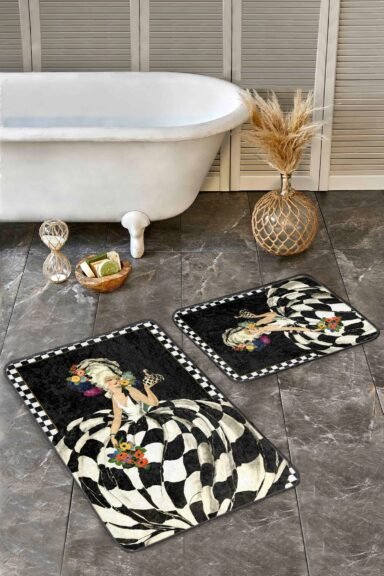 Siyah Beyaz Spiral Etekli İllüstrasyon Kadın Desenli 2’li Banyo Paspas Takımı