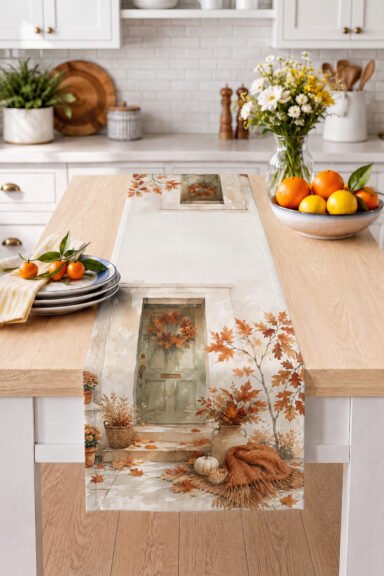 Rustik Kapı, Sonbahar Yaprakları ve Balkabaklı Dekoratif Masa Dekoru Dijital Baskılı Runner 40x140cm