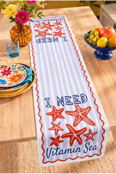 I Need Vitamin Sea Yazılı Deniz Yıldızı ve Çizgili Dijital Baskılı Dekoratif Masa Runnerı 40x140cm