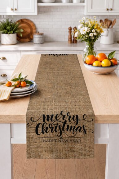 Merry Christmas ve Happy New Year Yazılı Yılbaşı Temalı Dijital Baskılı Dekoratif Masa Runnerı 40x14