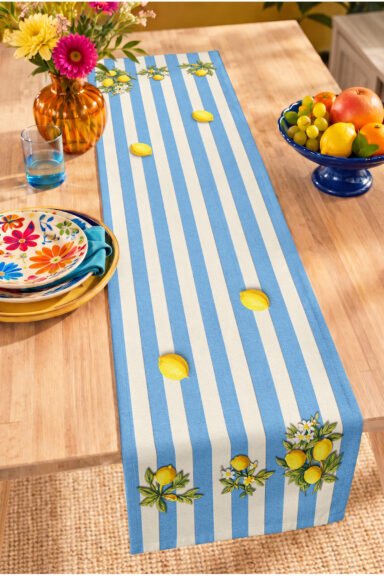 Limon ve Çiçek Desenli Mavi Beyaz Çizgili Dijital Baskılı Dekoratif Yemek Masası Runnerı 40x140cm