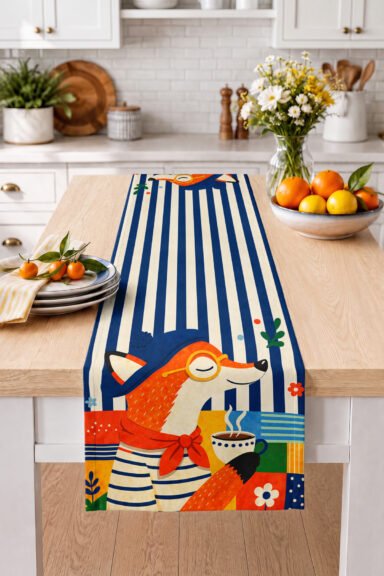 Modern Çizgili Tilki Figürlü Patchwork Desenli Dekoratif Yemek Masası Dijital Baskılı Runner 40x140c