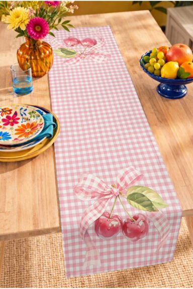 Kiraz ve Kurdele Figürlü Kareli Vintage Tasarım Dijital Baskılı Runner Dekoratif Masa Dekoru 40x140c