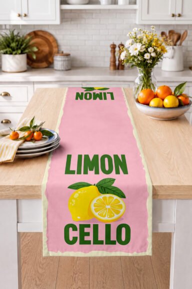 Limon Yazılı ve Sarı Limon Figürlü Pop Art Dijital Baskılı Runner Dekoratif Masa Dekorasyonu 40x140c
