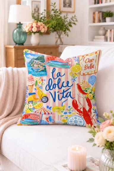 La Dolce Vita Yazılı İtalyan Temalı Desenli Kırlent Kılıfı - Ciao Bella ve Limonlu Retro Kılıf