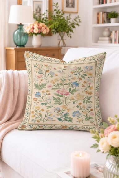 Pastel Çiçek ve Yaprak Desenli Kırlent Kılıfı - Vintage Botanik Dekoratif Yastık Kılıfı