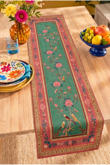 Çiçekli ve Kuş Figürlü Klasik Desenli Vintage İlhamlı Dijital Baskılı Dekoratif Masa Runnerı 40x140c