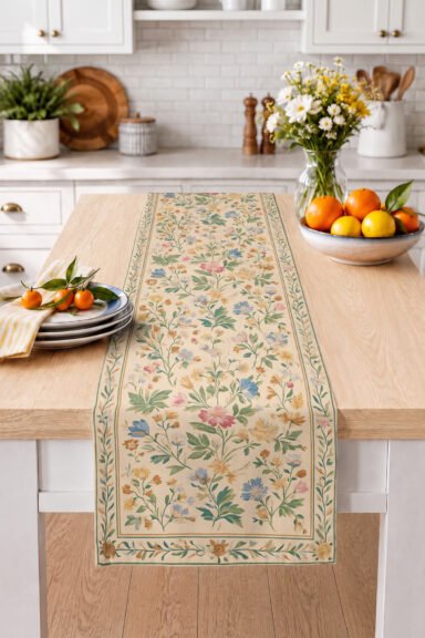 Vintage Çiçekli Botanik Desenli Kenar Bordürlü Dekoratif Yemek Masası Dijital Baskılı Runner 40x140c