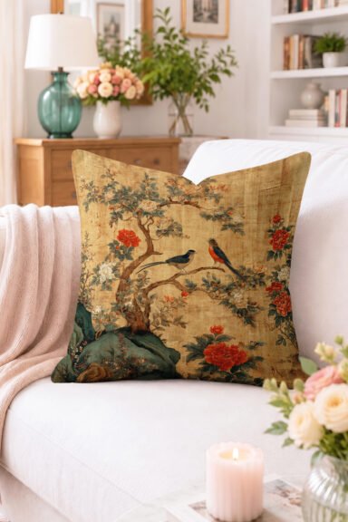 Çiçekli Dal Üzerinde Kuşlar Desenli Kırlent Kılıfı - Vintage Dekoratif Yastık Kılıfı