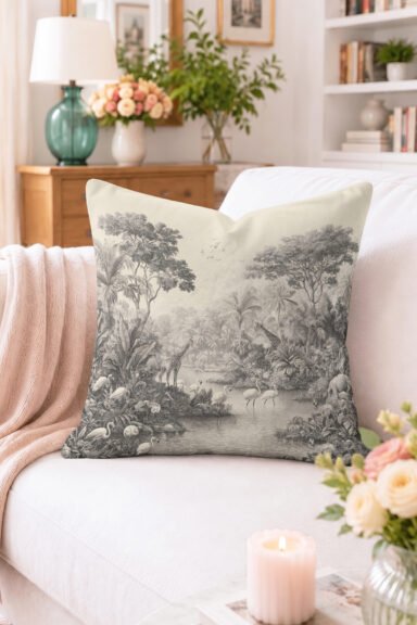 Safari Orman Manzaralı Zürafa ve Flamingo Desenli Kırlent Kılıfı - Vintage Dekoratif Yastık Kılıfı