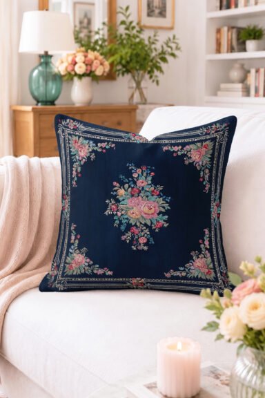Lacivert Zeminli Vintage Gül Çiçek Desenli Kırlent Kılıfı - Klasik Çerçeveli Dekoratif Yastık Kılıfı