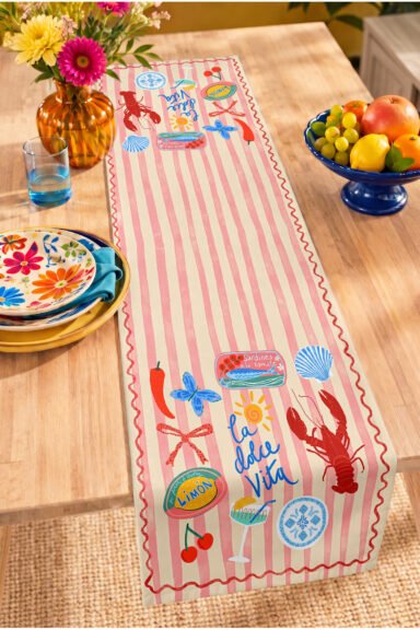 La Dolce Vita Sardalya Istakoz ve Limon Desenli Dijital Baskılı Dekoratif Masa Runnerı 40x140cm