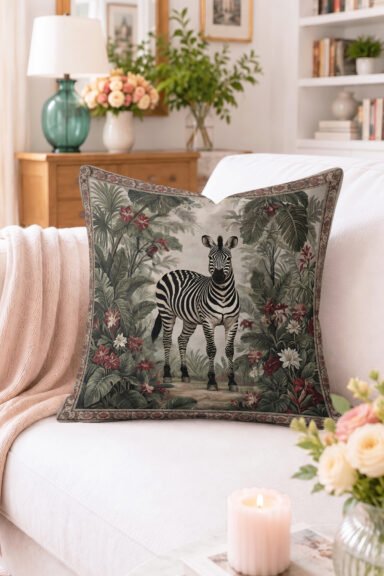 Zebra Figürlü Tropikal Yaprak ve Çiçek Desenli Kırlent Kılıfı - Vintage Dekoratif Yastık Kılıfı