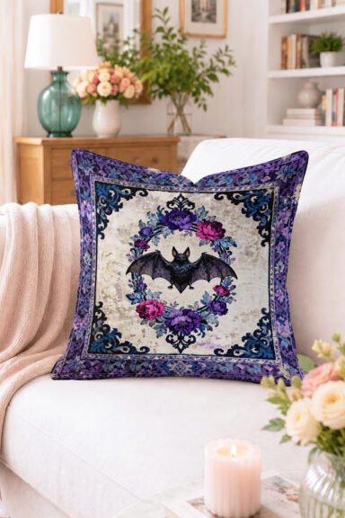 Yarasa ve Gül Çelengi Desenli Mor Kırlent Kılıfı - Gotik Vintage Dekoratif Yastık Kılıfı
