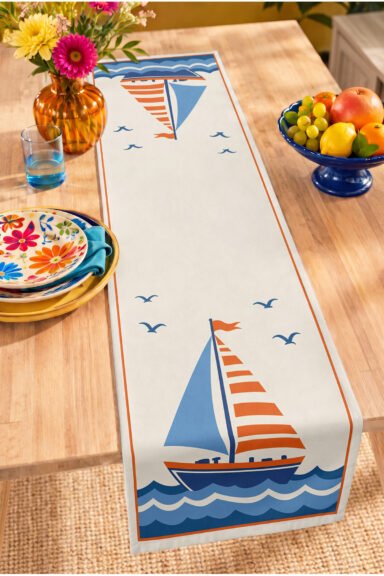 Denizci Yelkenli Tekne ve Martı Figürlü Dalga Desenli Dijital Baskılı Dekoratif Masa Runnerı 40x140c