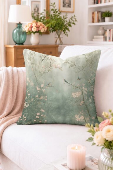 Kuş ve Çiçekli Dallı Desenli Kırlent Kılıfı - Pastel Yeşil Vintage Dekoratif Yastık Kılıfı