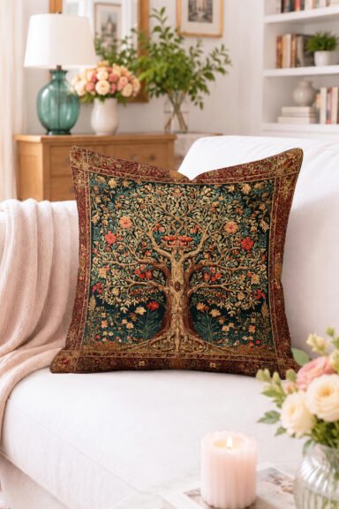 Hayat Ağacı ve Çiçekli Goblen Desenli Kırlent Kılıfı - Bordo Lacivert Vintage Dekoratif Yastık Kılıf