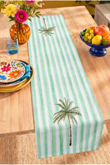 Palmiye Figürlü Dikey Çizgili Tropikal Desenli Dijital Baskılı Dekoratif Masa Runnerı 40x140cm