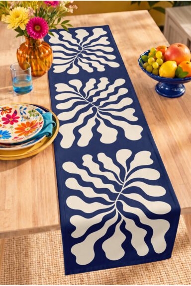 Soyut Çiçek ve Dalga Motifli Modern Dekoratif Masa Dekorasyonu Dijital Baskılı Runner 40x140cm