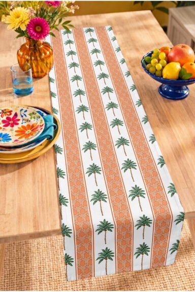 Palmiye Motifli Geometrik Şerit Desenli Dekoratif Yemek Masası İçin Dijital Baskılı Runner 40x140cm