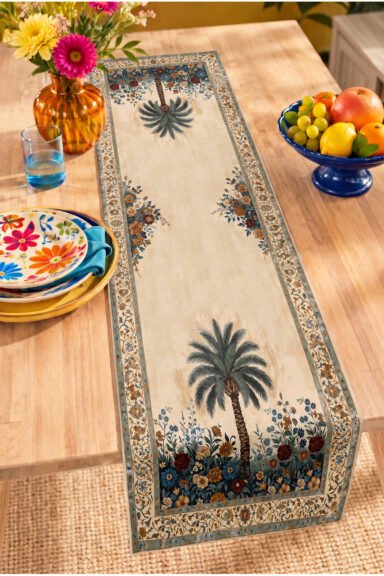Palmiye Ağacı ve Çiçekli Bordür Desenli Botanik Vintage Dekoratif Masa Dijital Baskılı Runner 40x140