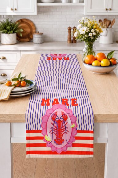 Istakoz, Limon ve MARE Yazılı Çizgili Deniz Desenli Dijital Baskılı Dekoratif Masa Runnerı 40x140cm