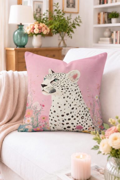 Pembe Zemin Leopar ve Çiçek Desenli Kırlent Kılıfı - Modern Dekoratif Yastık Kılıfı
