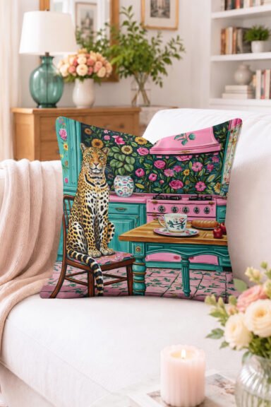 Mutfakta Leopar ve Çiçek Desenli Kırlent Kılıfı - Renkli Retro Dekoratif Yastık Kılıfı
