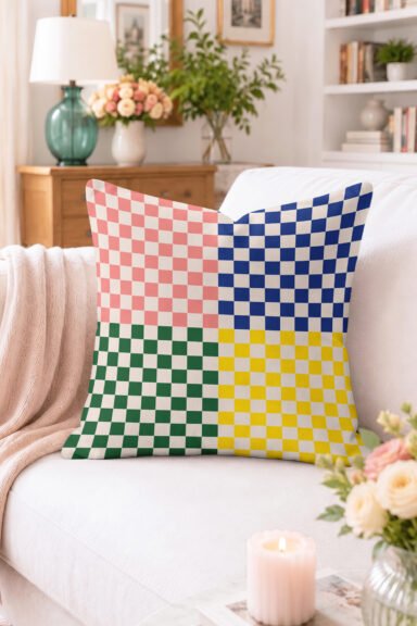 Dört Renk Dama Desenli Kırlent Kılıfı - Modern Geometrik Dekoratif Yastık Kılıfı